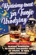 Karnet + zawieszka na butelkę - (niebieska) Wynieśmy toast za Twoje Urodziny